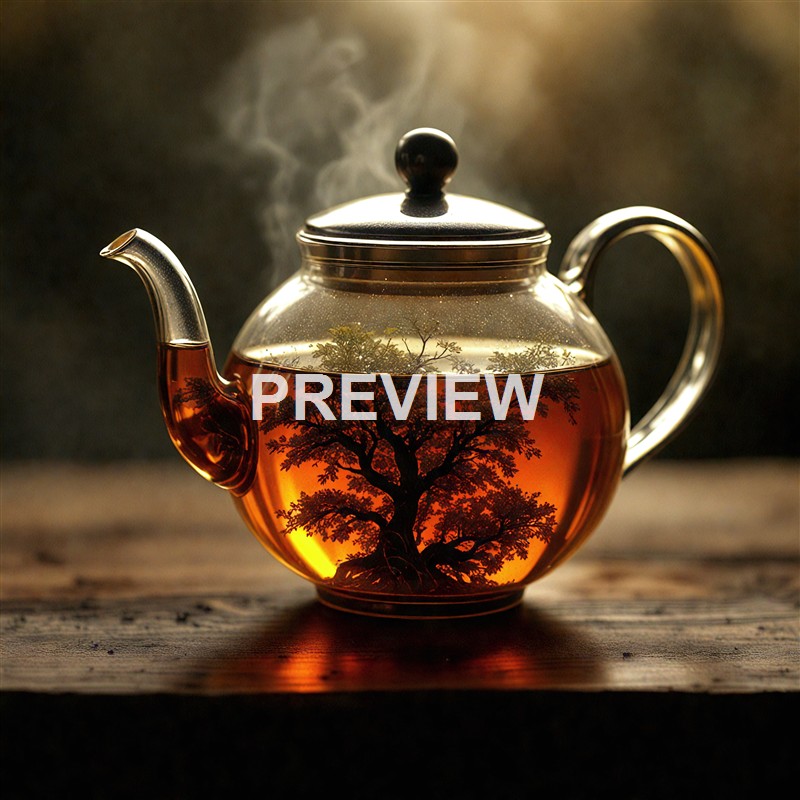 A glass teapot filled with tea, featuring a black tree silhouette inside, placed on a wooden surface with steam rising from the lid.